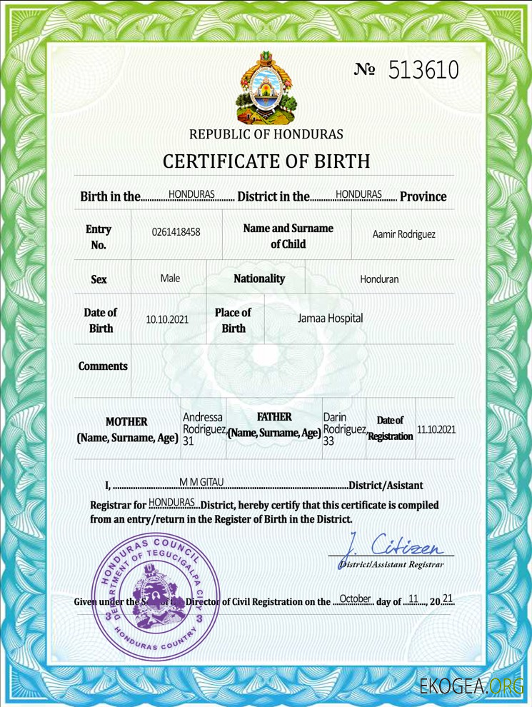 Acte d'état civil du Honduras, acte de naissance PSD